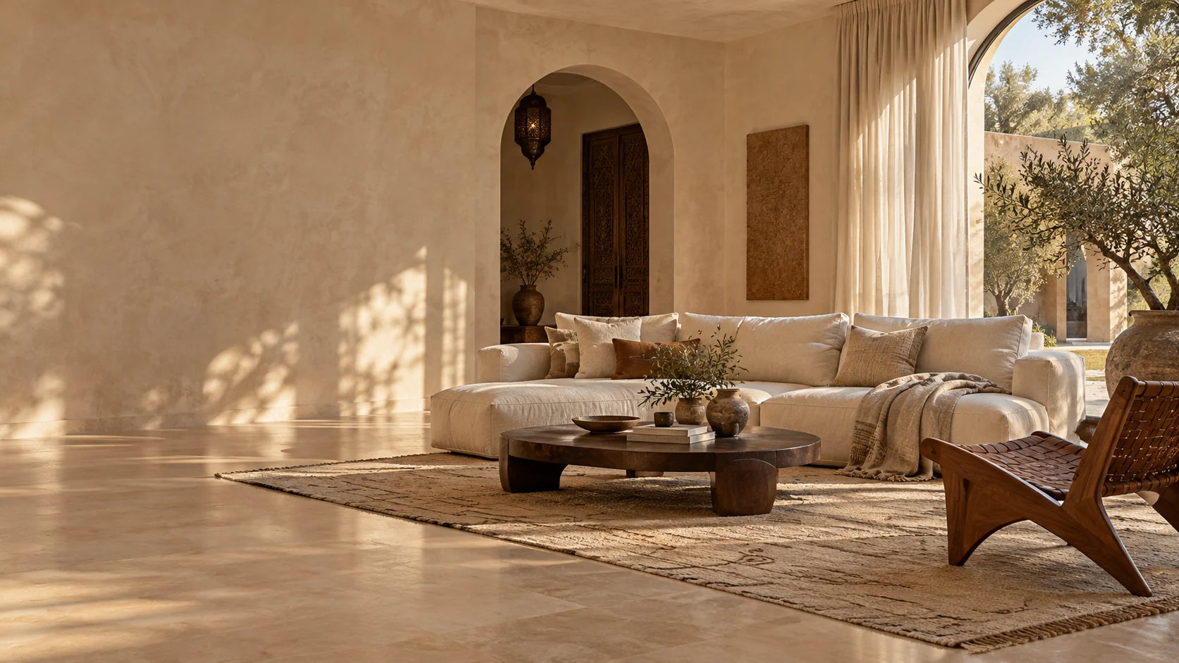 Salon marocain contemporain avec canapé ivoire, table basse en noyer et matières naturelles.