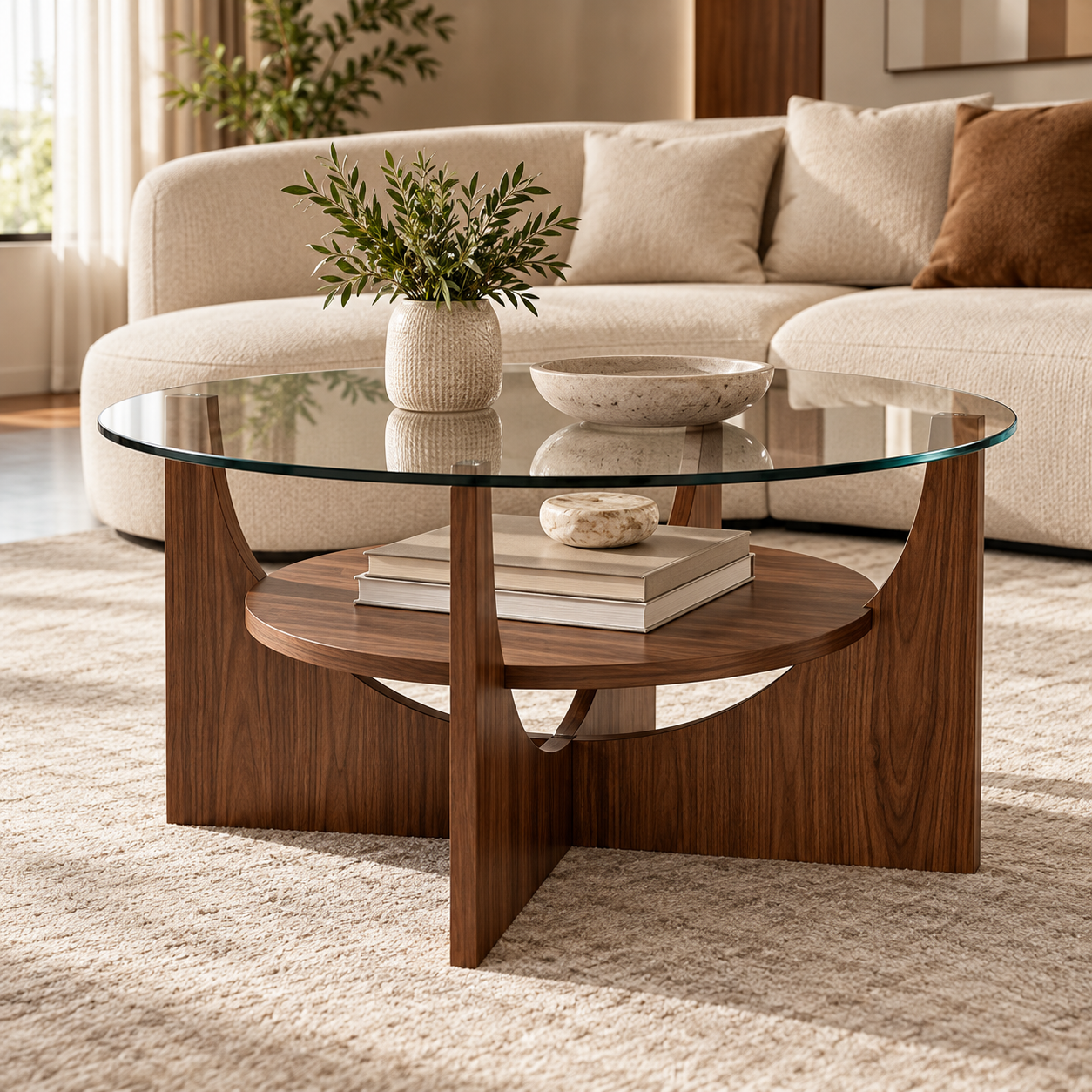 Table Basse Sculpturale en Noyer Massif et Verre Trempé Minoria